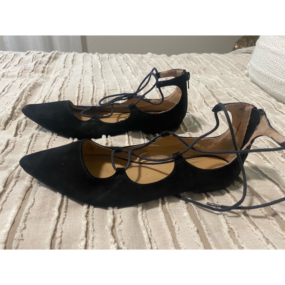 Express lace up pointed black suede flats size 8